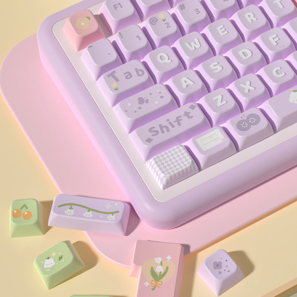 Lily of the Valley (Pink/Purple) Cute Keycap Set, MDA/Cherry Profile, PBT Dye Sub Key Cap