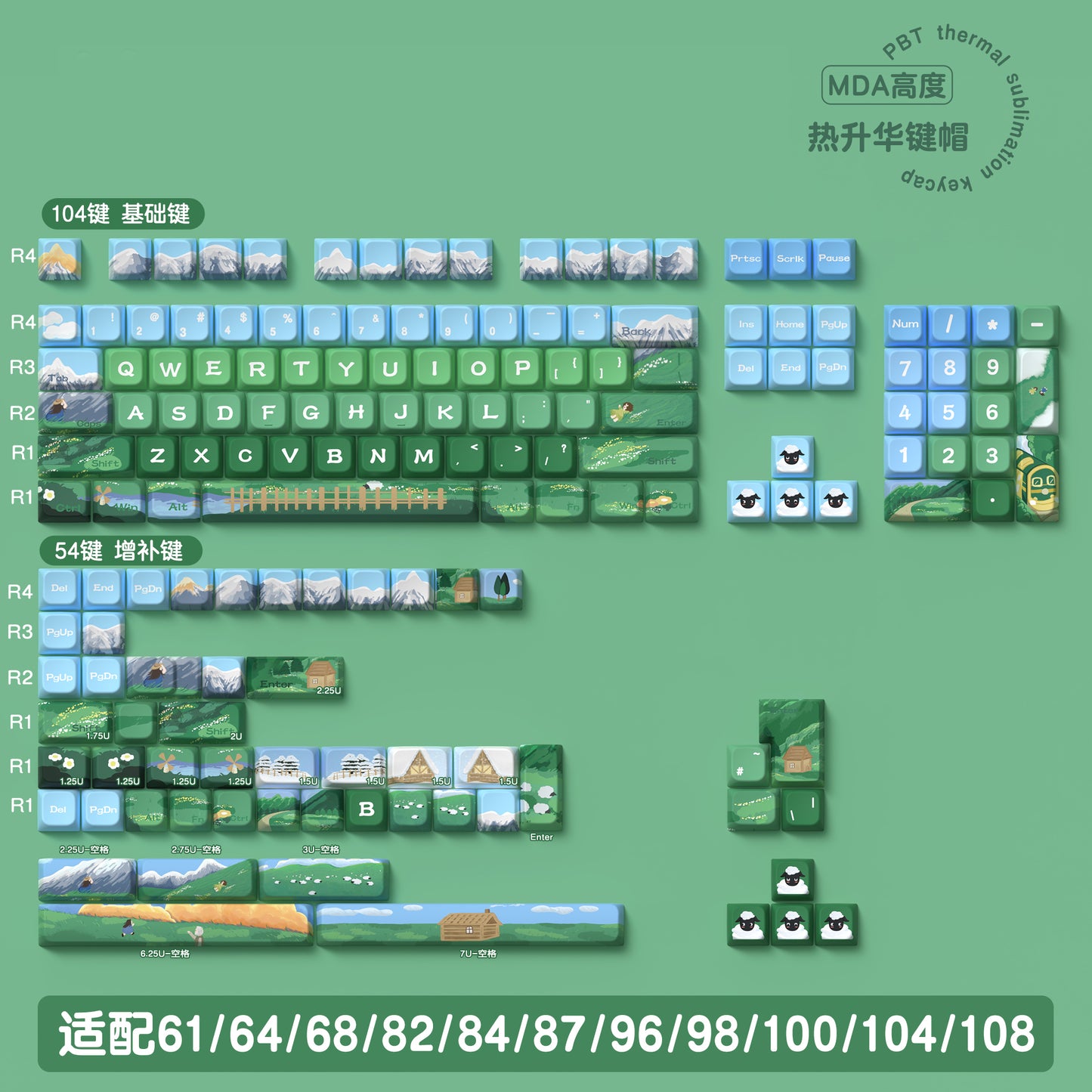 Mountain Green (Green) Cute Keycap Set, MDA/Cherry Profile, PBT Dye Sub Key Cap