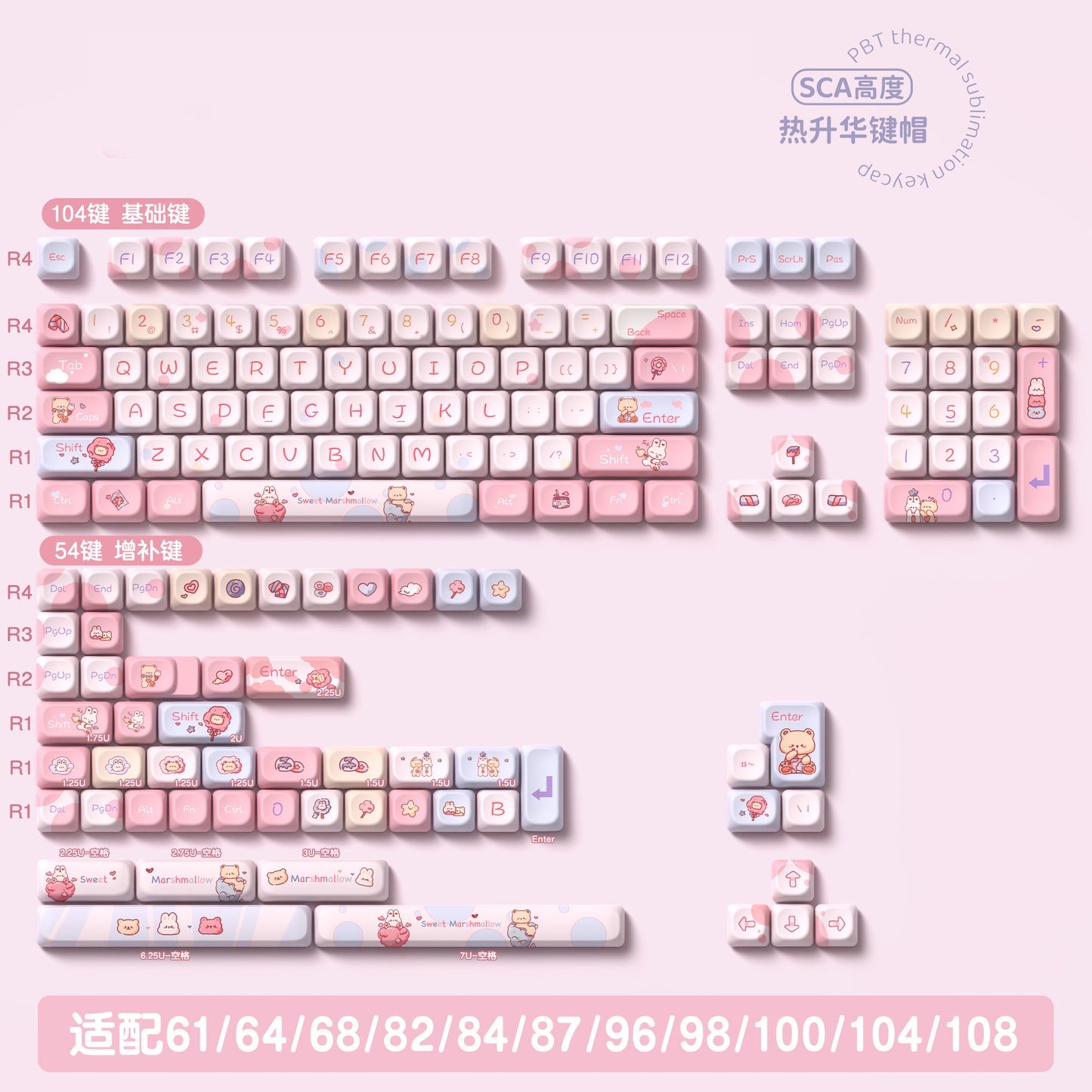 Marshmallow (Pink) Cute Keycap Set, SCA Profile, PBT Dye Sub Key Cap